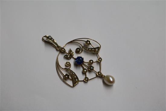 An Edwardian 9ct gold, sapphire and seed pearl set drop pendant, 36mm.